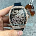 Copy Franck Muller Vanguard V45 Full Diamond Watch Rose Gold Case Black Leather 